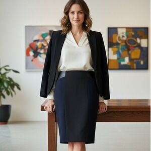 Calvin Klein Skirt Womens Size 8 Faux Leather Pencil Blue Black‎ Stretch Vented